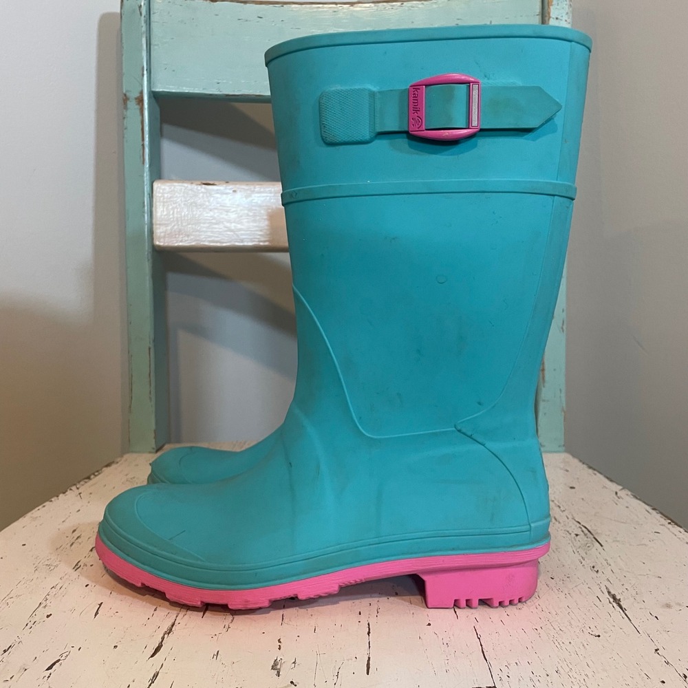 Kamik Raindrops Kids Turquoise Pink Waterproof‎ Rubber Rain Boots Size 4 Wellies